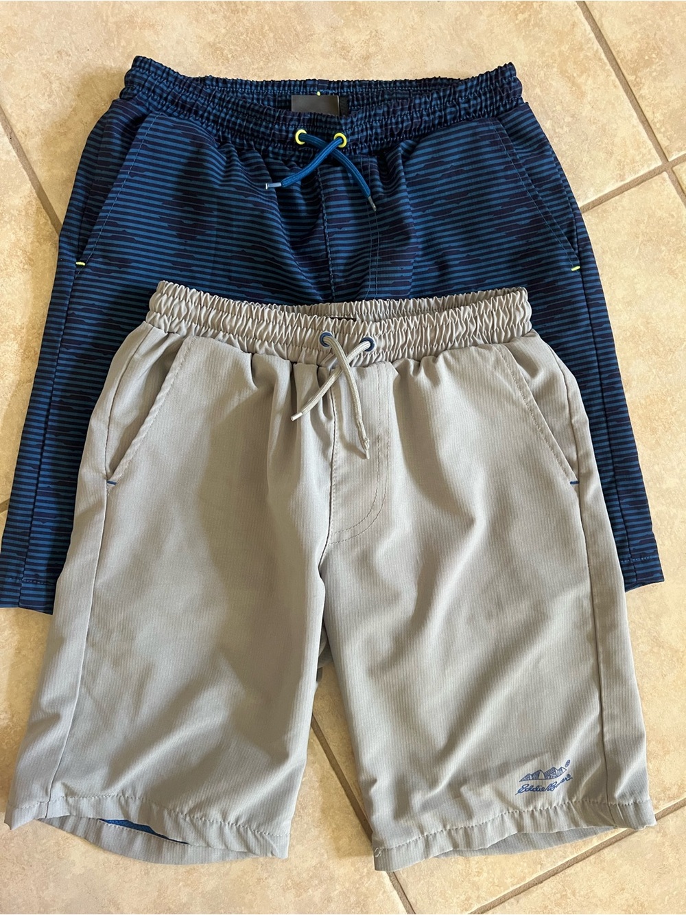Eddie Bauer Lot of 2 Boys Sz M (10-12) Gray & Blue stripe Swim Trunks Shorts